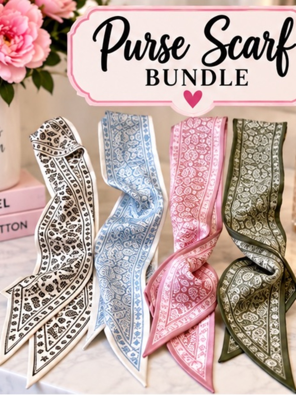 Purse Scarf Bundle - Pink, Blue, Green, White Patterned Twilly Scarves